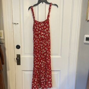 Red Floral Maxi Dress with Ruffled Straps and Tiered Skirt